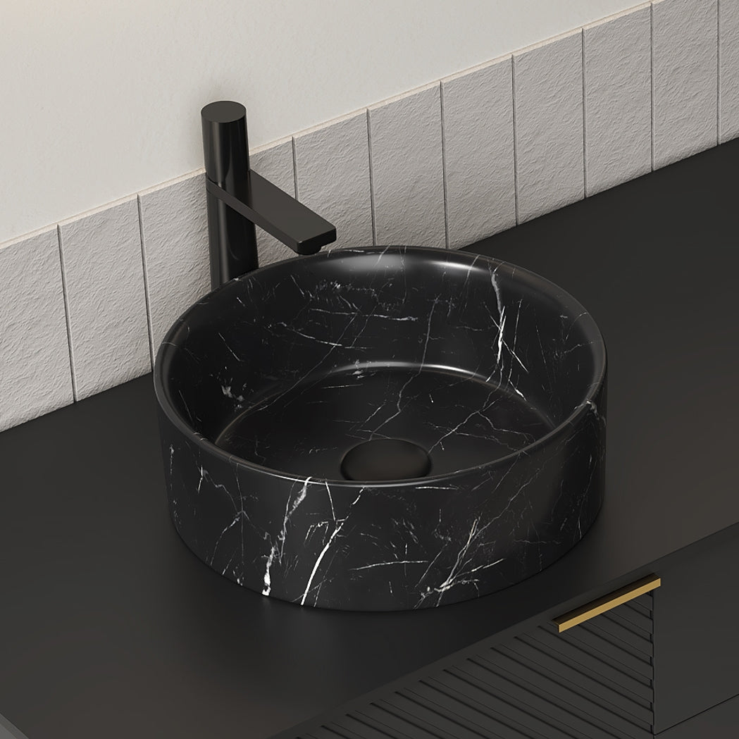 14'' Bathroom Round Ceramic Sink with Stone Pattern, No Faucet No Cabinet, Matte Black