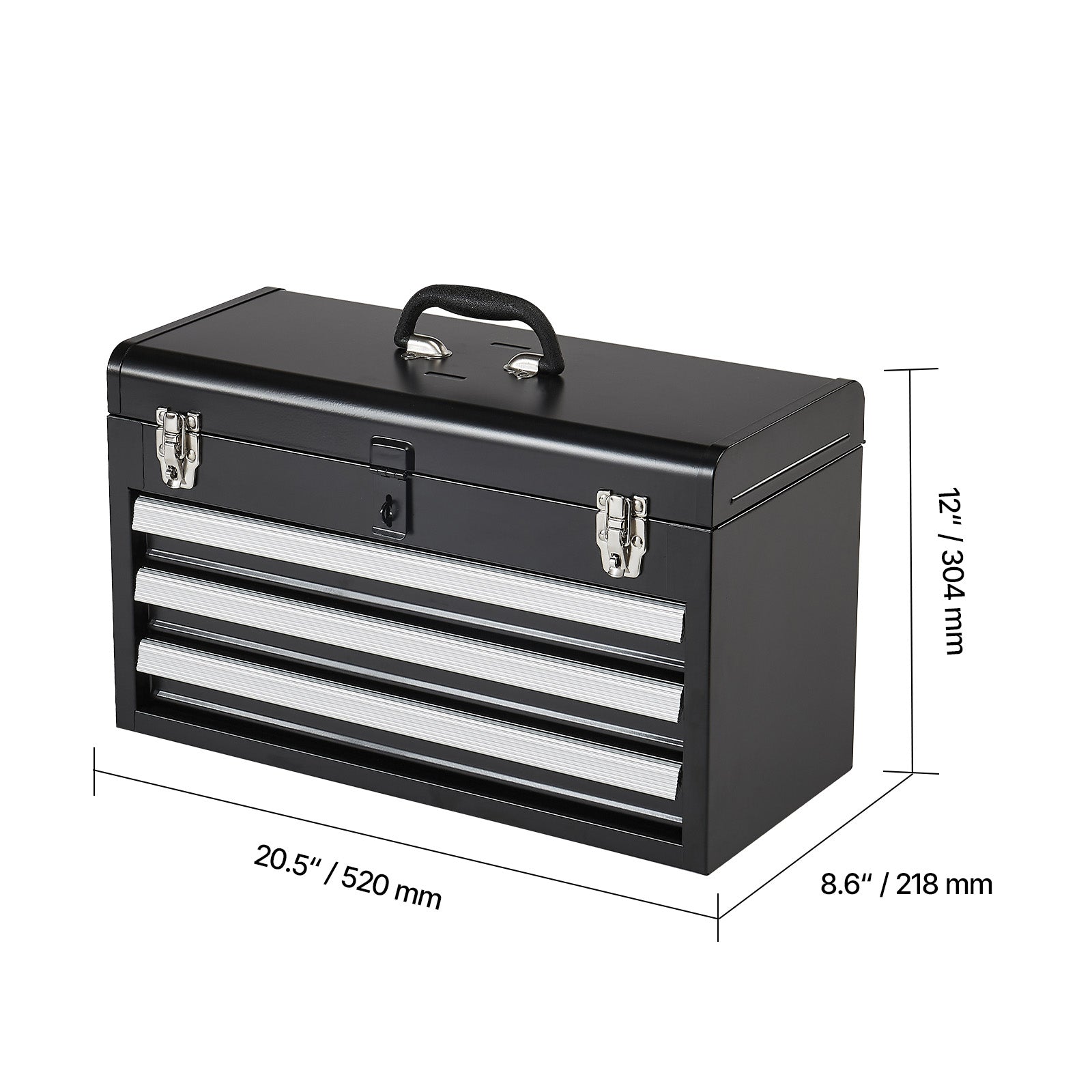 Tool Box 20.5-inch Portable Metal Tool Box with 3 Drawers Tool Organizer Black