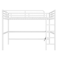 Metal Queen Size Loft Bed with Power Outlet and LED Lighted, Space-Saving, Noise Reduced, White