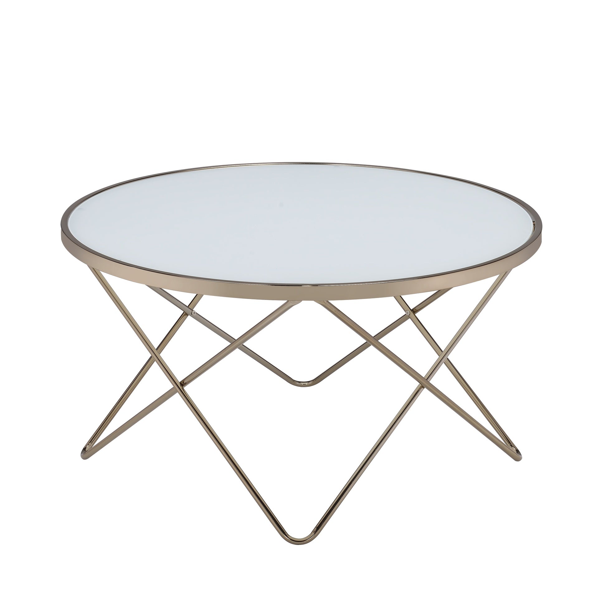 1pc Coffee Table Champagne Finish Frame Round Frosted Glass Top Mid-Century Modern Design Living Room Furniture