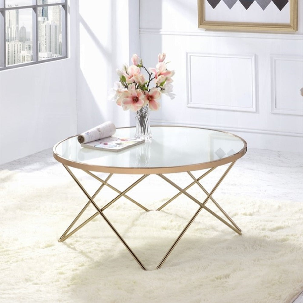 1pc Coffee Table Champagne Finish Frame Round Frosted Glass Top Mid-Century Modern Design Living Room Furniture