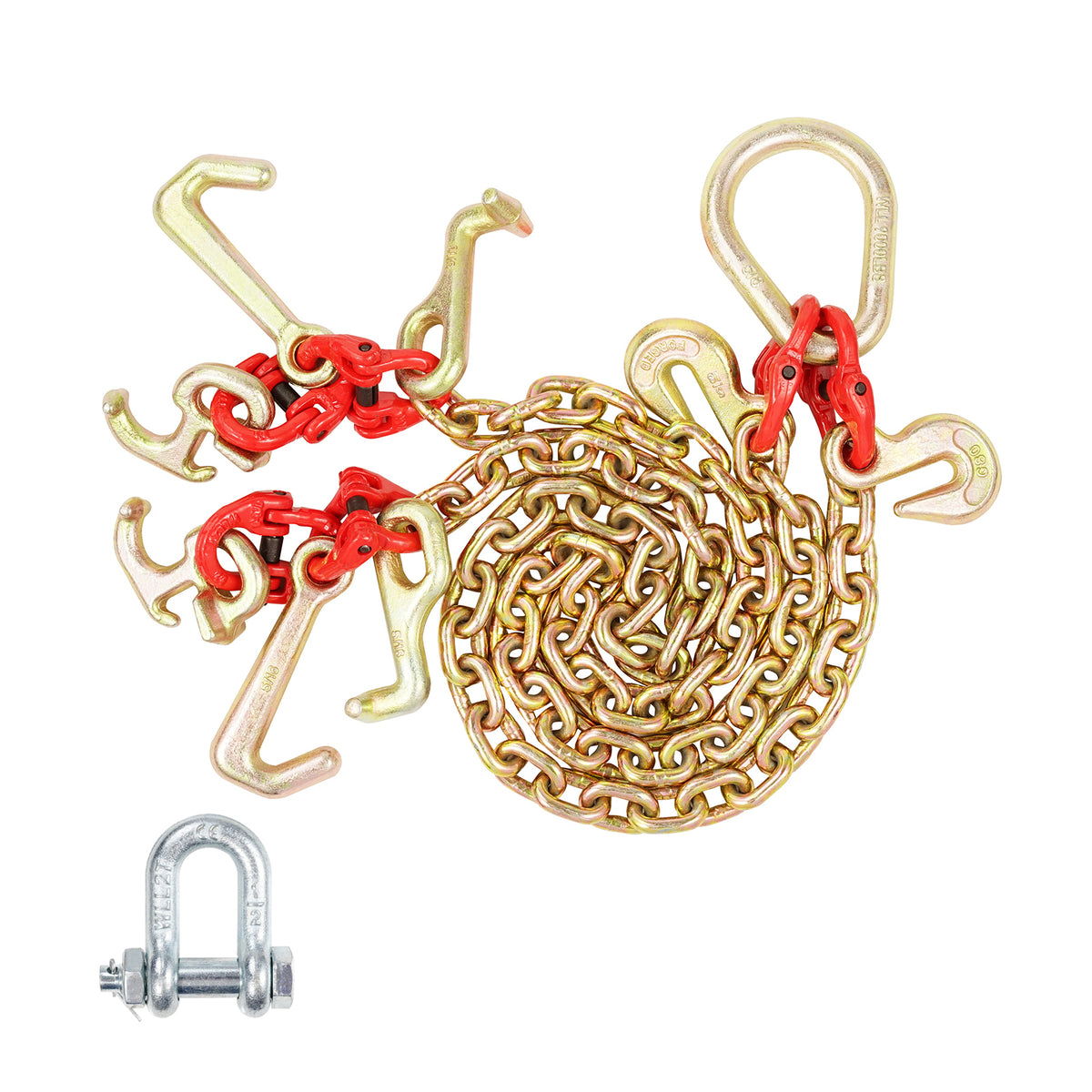 5/16" x 3' G80 Tow Chain V-Chain Bridle RTJ & Grab Hooks Wrecker 10800 lbs