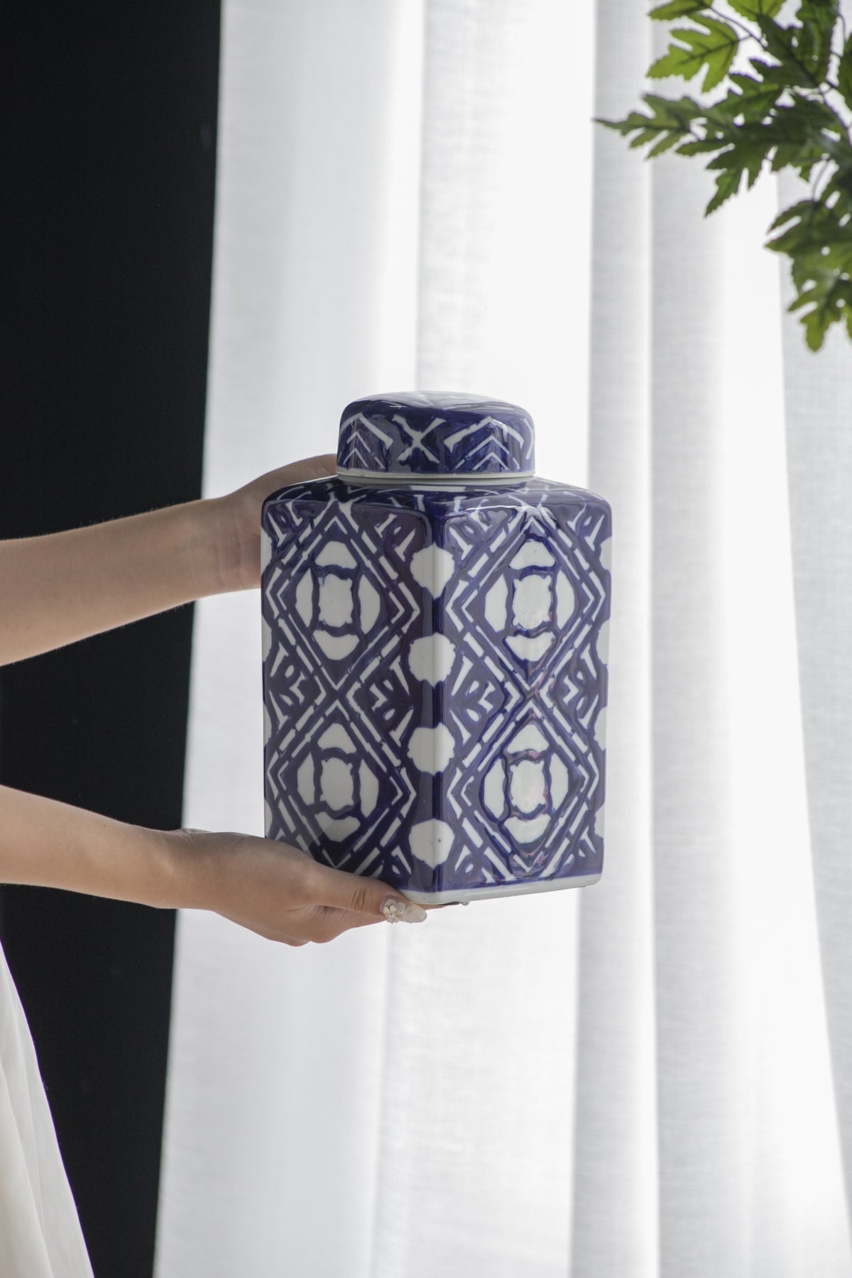 5.3x5.3x10" Valora Blue and White Square Lidded Jar
