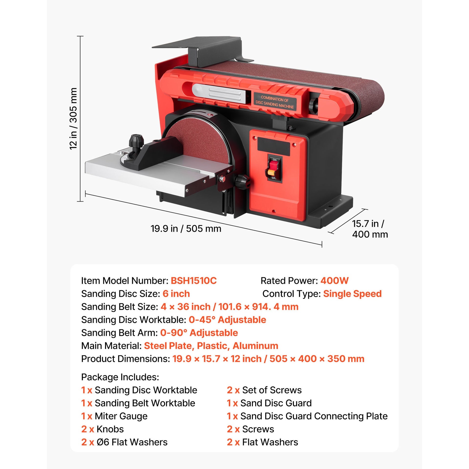 6" Disc Sander & 4" x 36" Belt Sander, 400W Professional Belt Disc Sanders Combo with 0 - 45° Adjustable Worktable & Dust Collection Port for Woodworking, Knife Sharpening, DIY Crafting