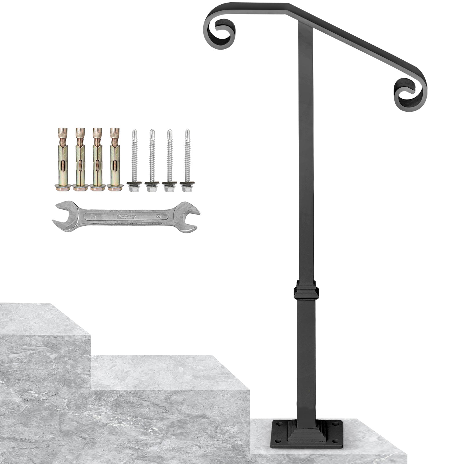 Handrails for Outdoor Steps, Fit 1 or 2 Steps Outdoor Stair Railing, Single Post Wrought Iron Handrail, Gray Transitional Porch Railings for Concrete Steps or Wooden Stairs with Base