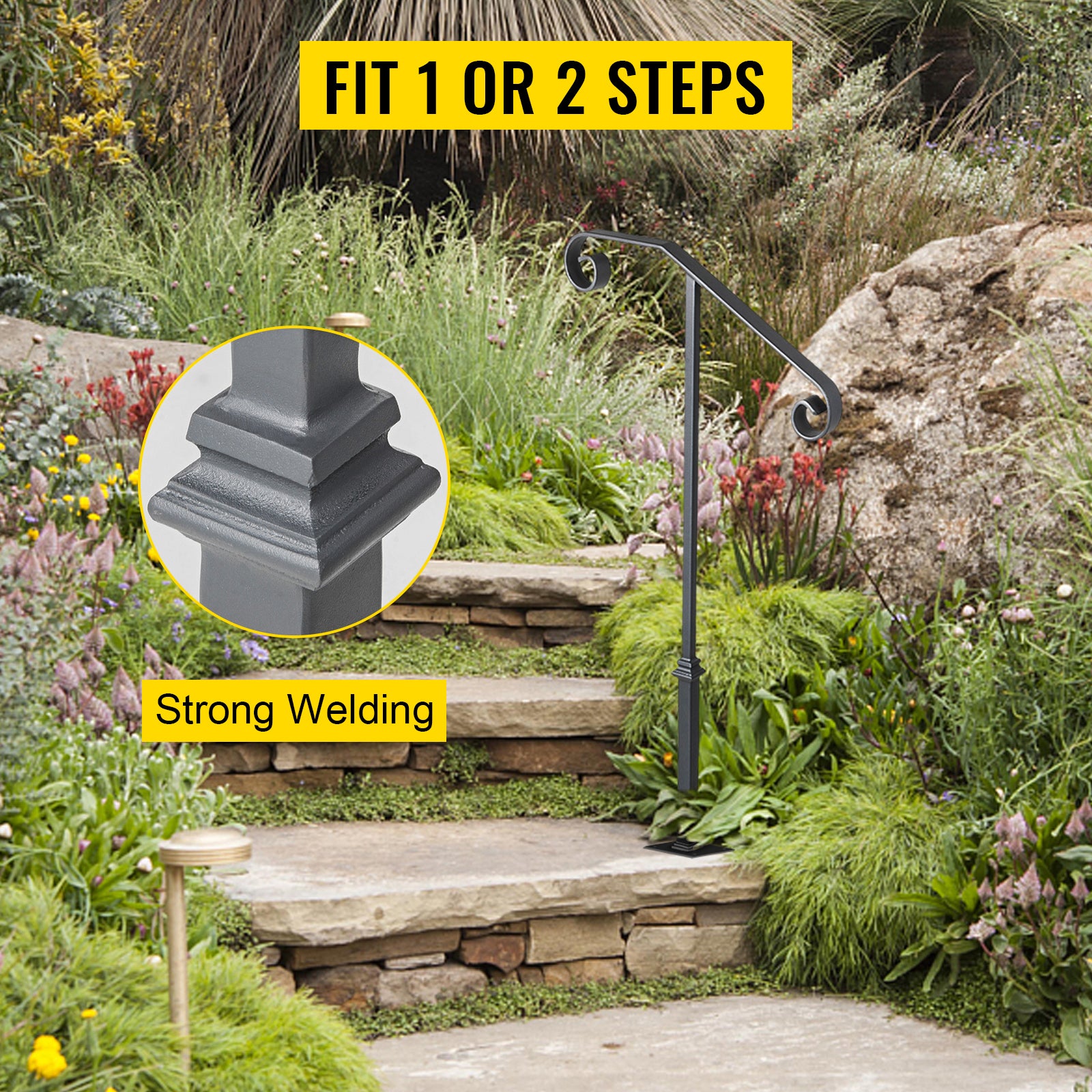 Handrails for Outdoor Steps, Fit 1 or 2 Steps Outdoor Stair Railing, Single Post Wrought Iron Handrail, Gray Transitional Porch Railings for Concrete Steps or Wooden Stairs with Base