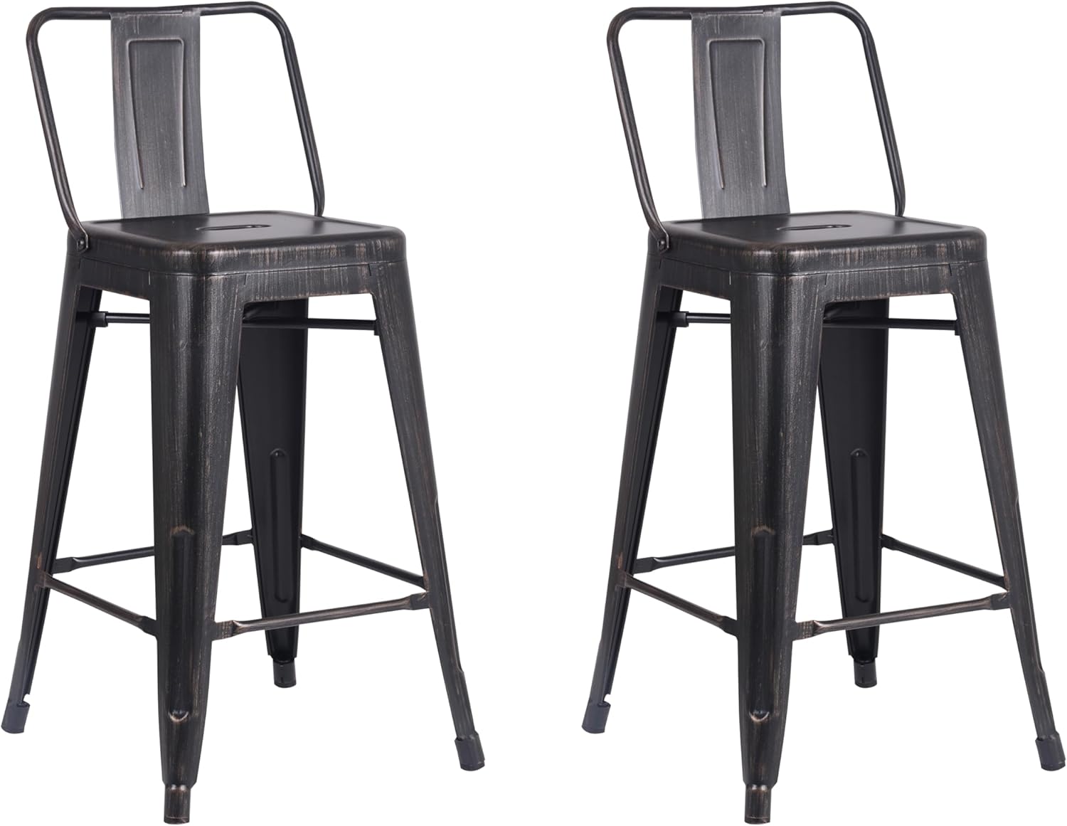 Modern Light Weight Industrial Contemporary Rustic Vintage Costal Metal Barstools with Bucket Back and 4 Leg Design, (Set of 2) (24" Seat, Distressed Black)
