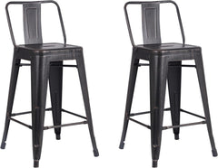 Modern Light Weight Industrial Contemporary Rustic Vintage Costal Metal Barstools with Bucket Back and 4 Leg Design, (Set of 2) (24" Seat, Distressed Black)