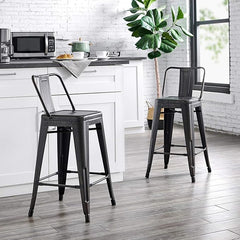 Modern Light Weight Industrial Contemporary Rustic Vintage Costal Metal Barstools with Bucket Back and 4 Leg Design, (Set of 2) (24" Seat, Distressed Black)