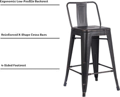 Modern Light Weight Industrial Contemporary Rustic Vintage Costal Metal Barstools with Bucket Back and 4 Leg Design, (Set of 2) (24" Seat, Distressed Black)