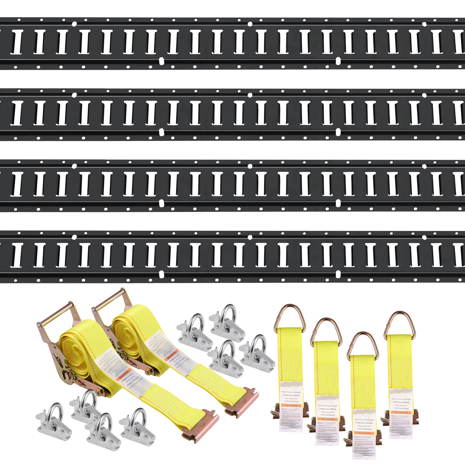 E Track Tie-Down Rail Kit, 18PCS 5' E-Tracks Set Includes 4 Steel Rails & 8 O-Ring Anchors & 4 Tie-Offs with D-Ring & 2 Ratchet Straps, Securing Accessories for Cargo Motorcycles Bikes, 2000 lbs