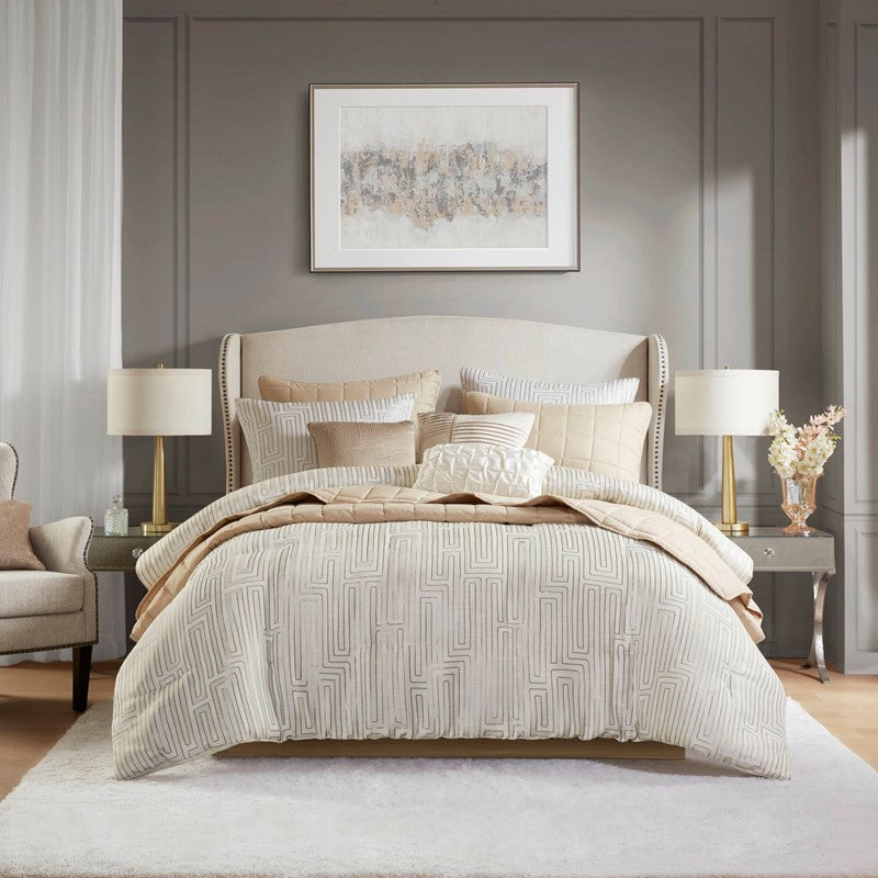 10 PCS King Luxury Jacquard Comforter Set Ivory