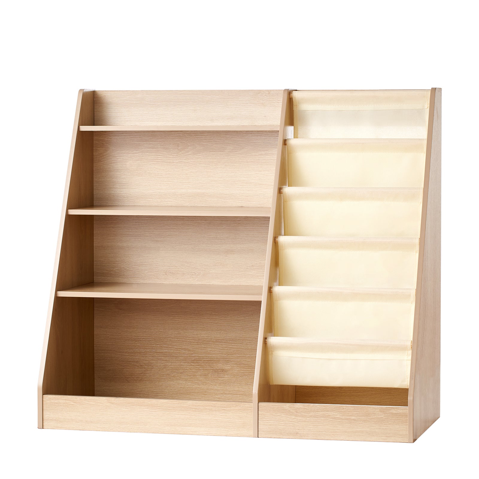 Wooden Kids Bookshelf 4-Tier, Toy Storage Organizer for Toddler, Book Shelf for Kids Rooms with 6-Layer Sling Book Rack, Baby Book Storage Shelves for Kids Room, Playroom, Kindergarten, Nursery