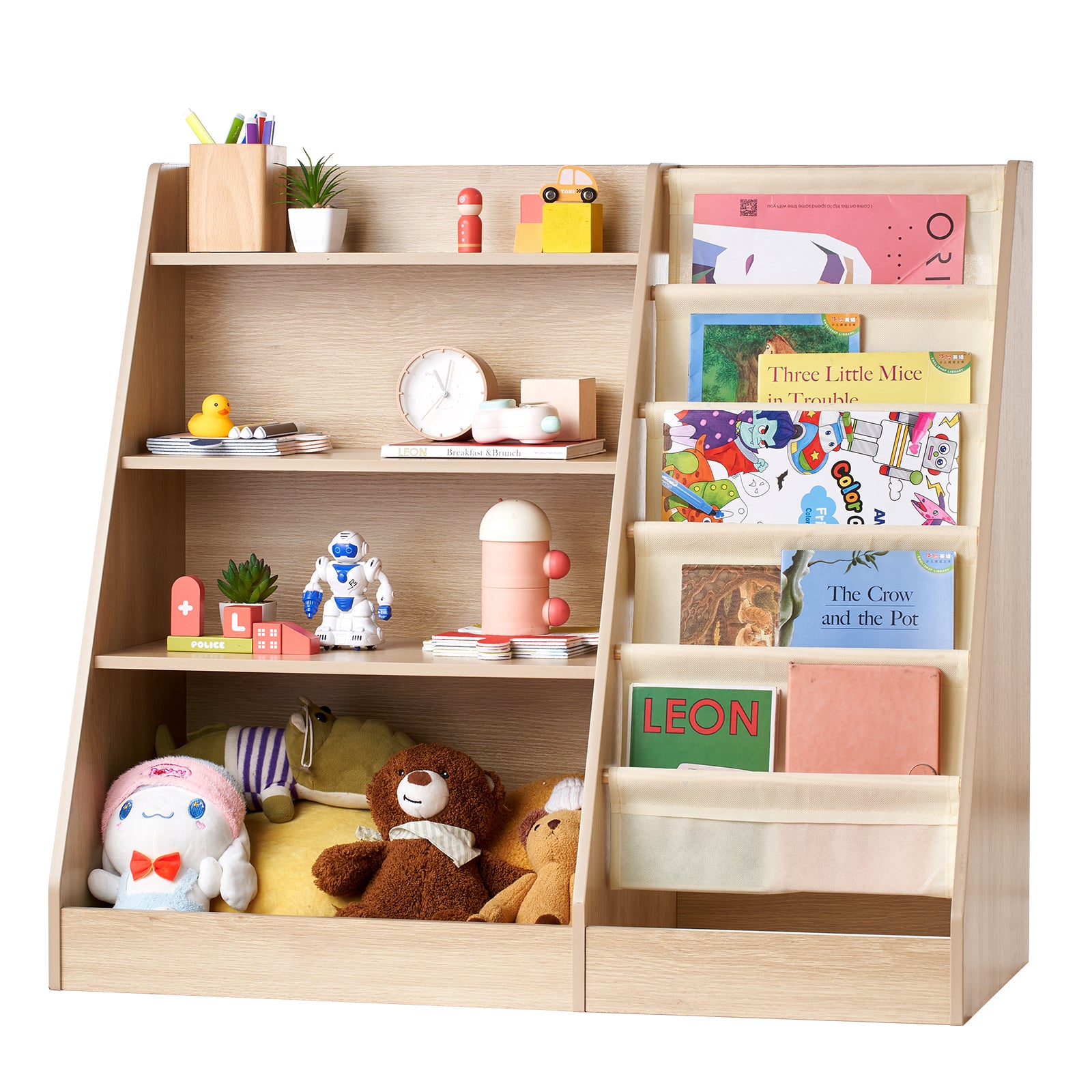 Wooden Kids Bookshelf 4-Tier, Toy Storage Organizer for Toddler, Book Shelf for Kids Rooms with 6-Layer Sling Book Rack, Baby Book Storage Shelves for Kids Room, Playroom, Kindergarten, Nursery