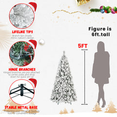 5FT Flocked Christmas Tree with 518 Tips – Snowy PVC & Hard Needle Branches, Hinged Structure for Easy Setup, Stable Metal Stand – Realistic Full-Body Holiday Tree