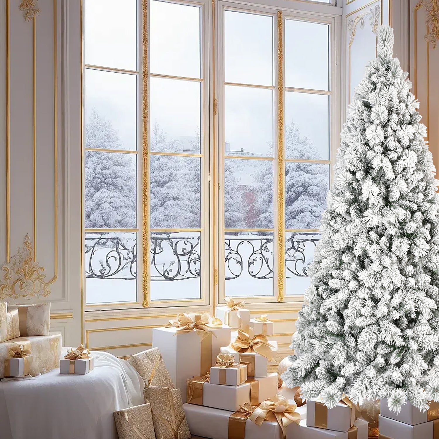 5FT Flocked Christmas Tree with 518 Tips – Snowy PVC & Hard Needle Branches, Hinged Structure for Easy Setup, Stable Metal Stand – Realistic Full-Body Holiday Tree