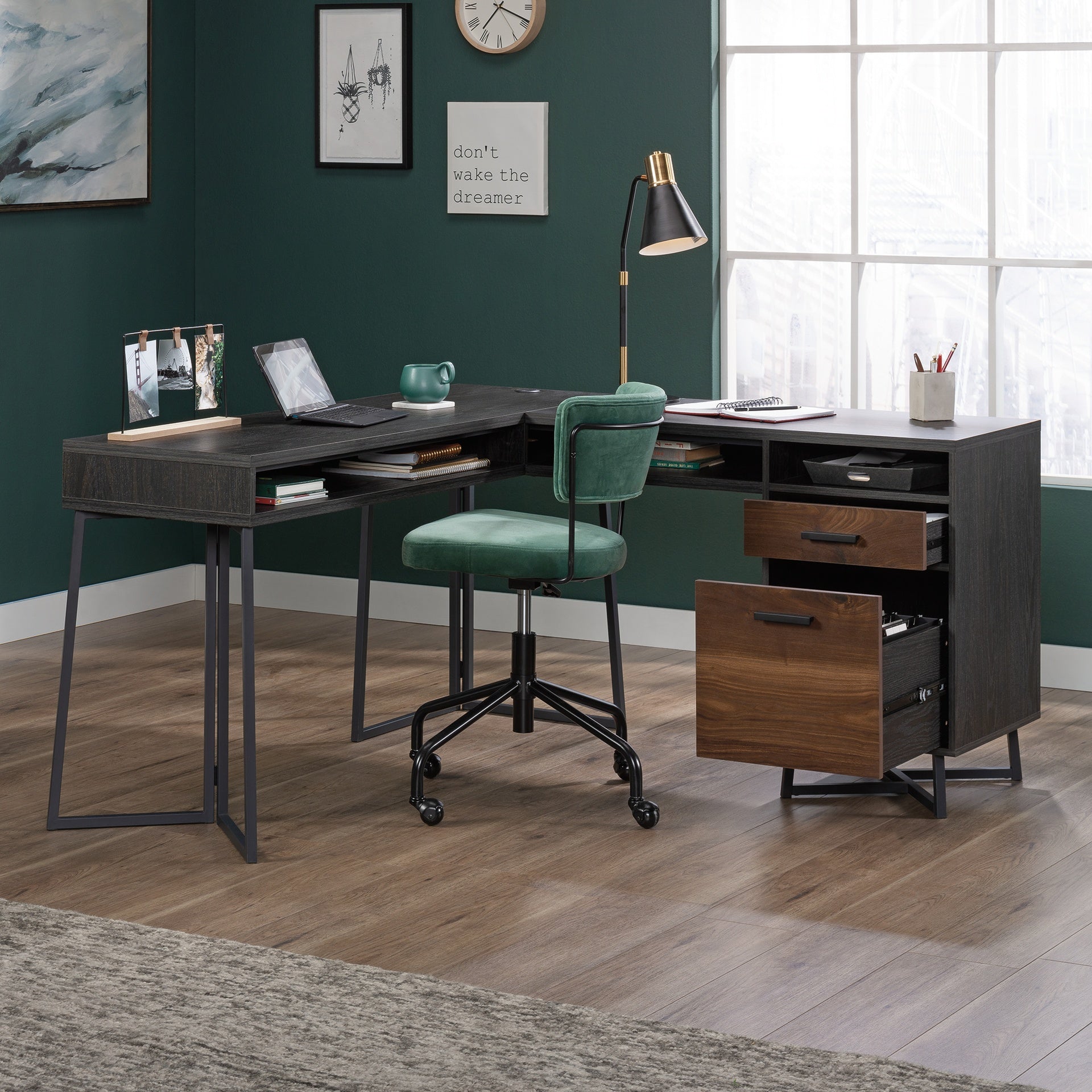 L-Shaped Desk with 2 Drawers and Cubbyholes, Dark Walnut finish