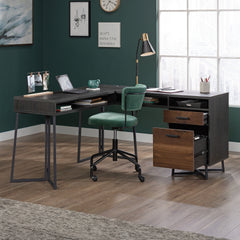 L-Shaped Desk with 2 Drawers and Cubbyholes, Dark Walnut finish