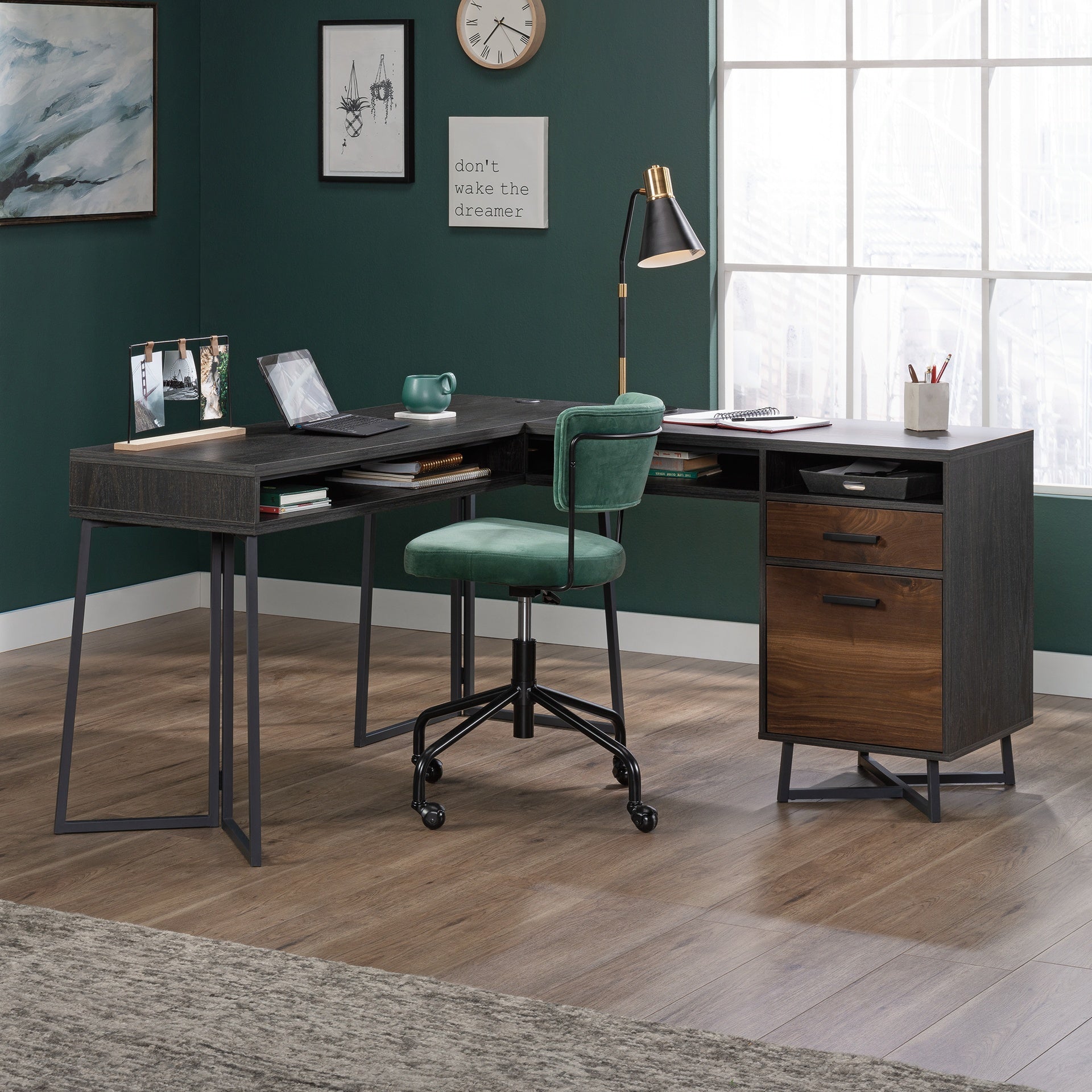 L-Shaped Desk with 2 Drawers and Cubbyholes, Dark Walnut finish