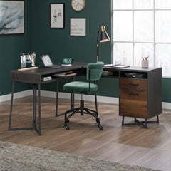L-Shaped Desk with 2 Drawers and Cubbyholes, Dark Walnut finish