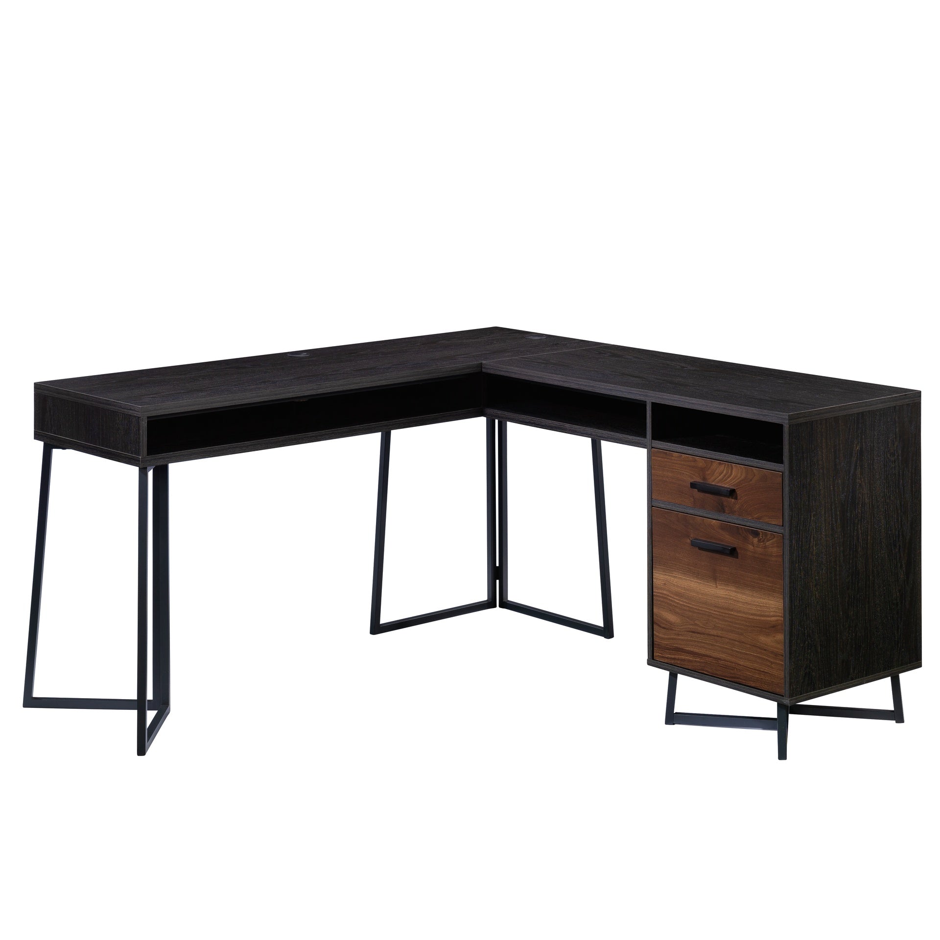 L-Shaped Desk with 2 Drawers and Cubbyholes, Dark Walnut finish
