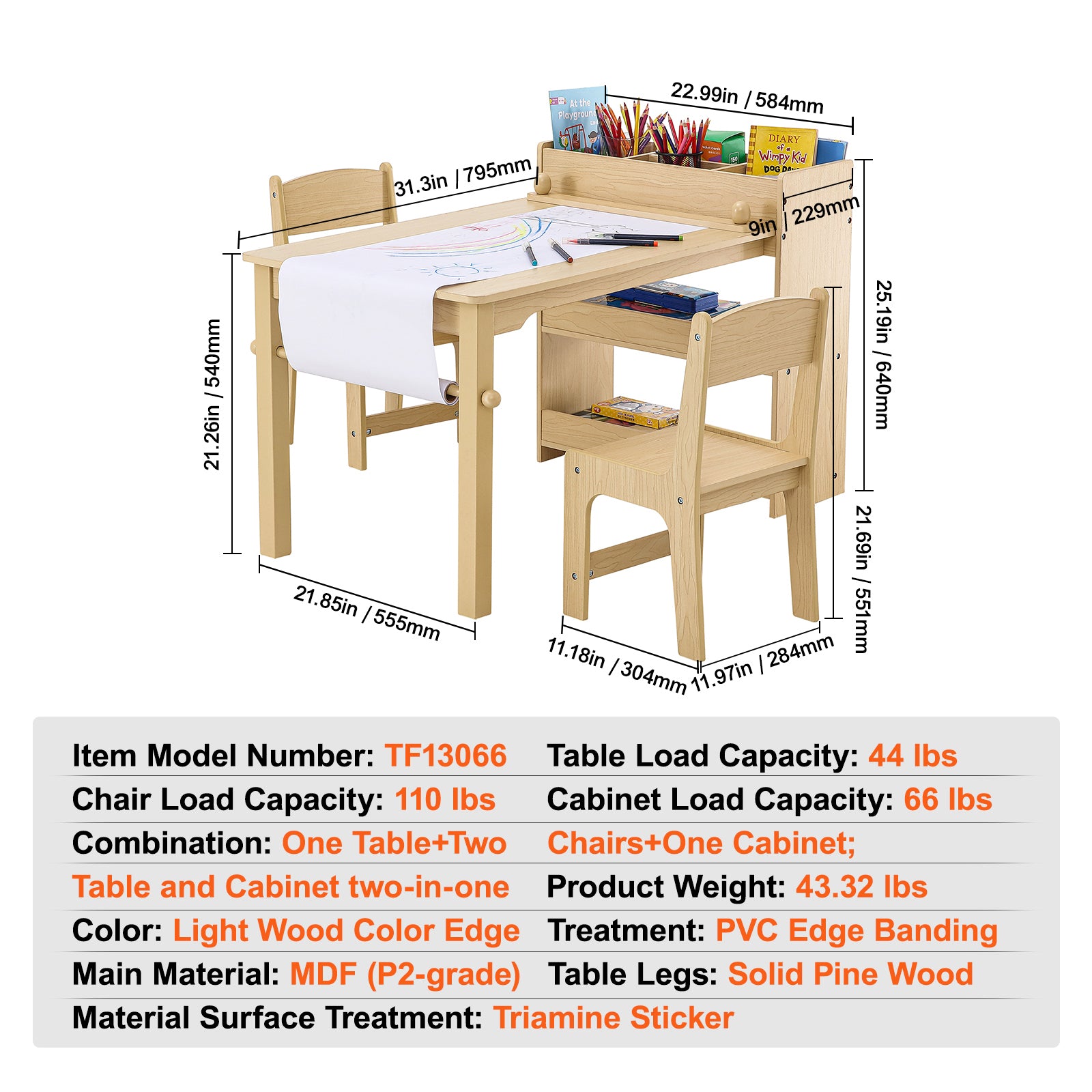Kids Art Table and 2 Chairs, 2-in-1 Toddler Craft and Play Activity Table, Wood Toddler Table and Chair Set with A Cabinet for Art, Craft, Reading, Learning