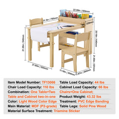 Kids Art Table and 2 Chairs, 2-in-1 Toddler Craft and Play Activity Table, Wood Toddler Table and Chair Set with A Cabinet for Art, Craft, Reading, Learning