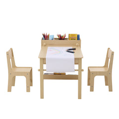 Kids Art Table and 2 Chairs, 2-in-1 Toddler Craft and Play Activity Table, Wood Toddler Table and Chair Set with A Cabinet for Art, Craft, Reading, Learning