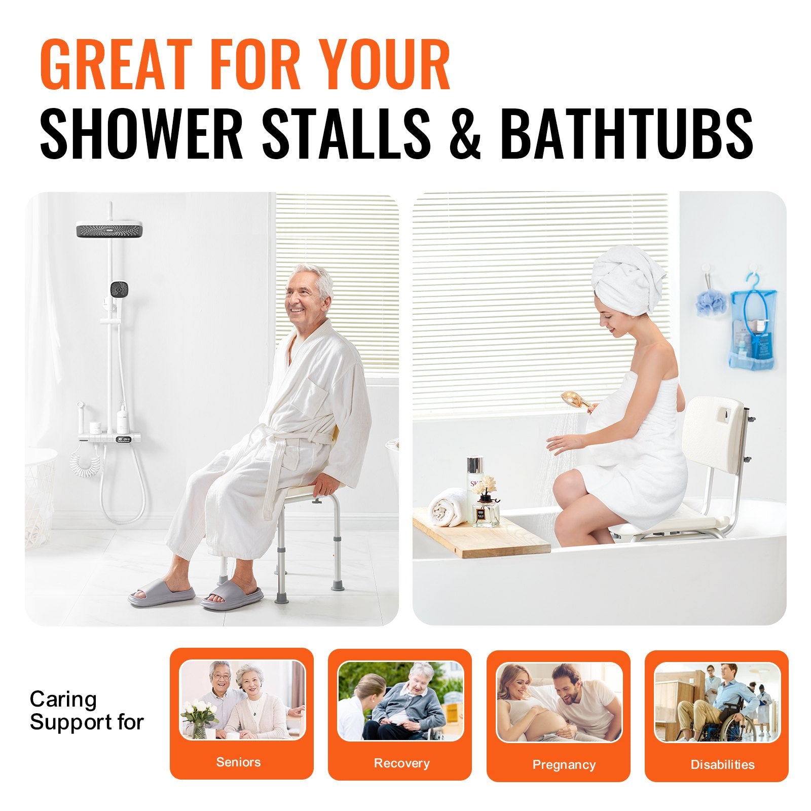 Shower Chair, Shower Seat with Back, Adjustable Height Shower Stool, Shower Chair for Inside Shower Bathtub, Non-slip Bathroom Bench Bath Chair for Elderly Disabled Handicap, 350 lbs Capacity