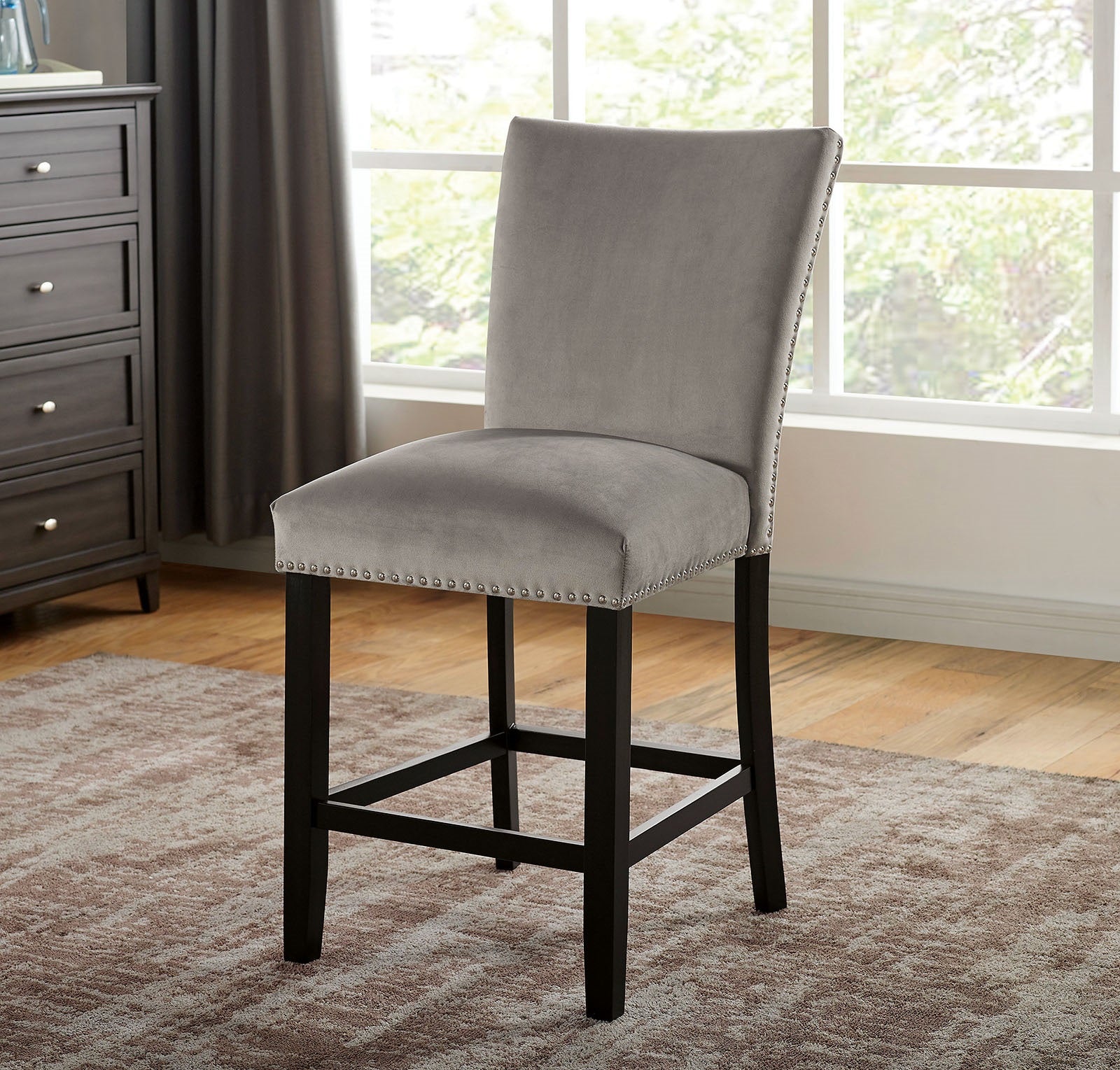 Light Gray Flannelette Contemporary 2pc Dining Counter Height Chairs Nalihead Trim Black Solid wood Legs Dining Room Chairs