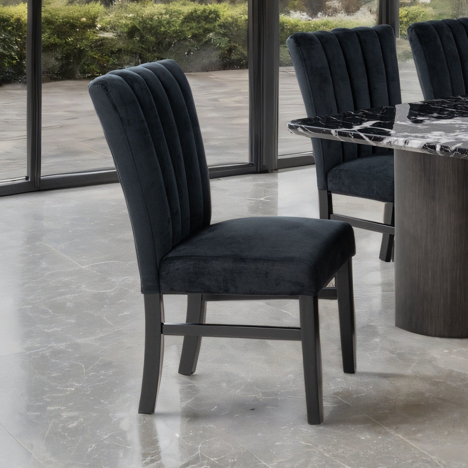 Contemporary Style 2pc Upholstered Side Chair Channel Tufted Back Seat Black Finish Dining Room Furniture