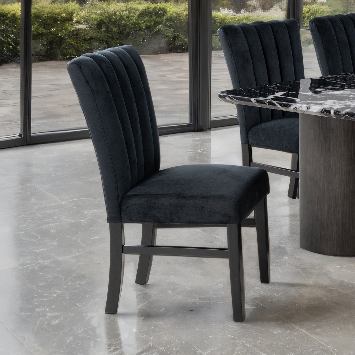 Contemporary Style 2pc Upholstered Side Chair Channel Tufted Back Seat Black Finish Dining Room Furniture
