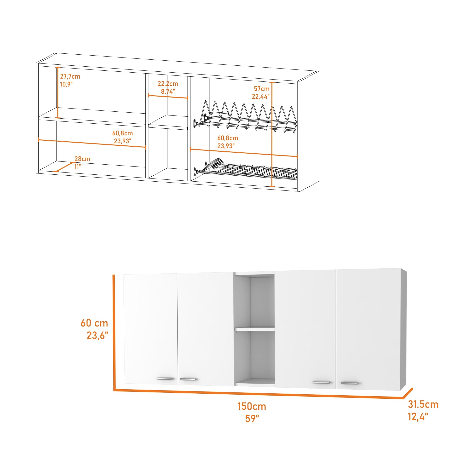 Winslow 150"  Wall Cabinet, Four Doors, Two Divisions, Two Shelves