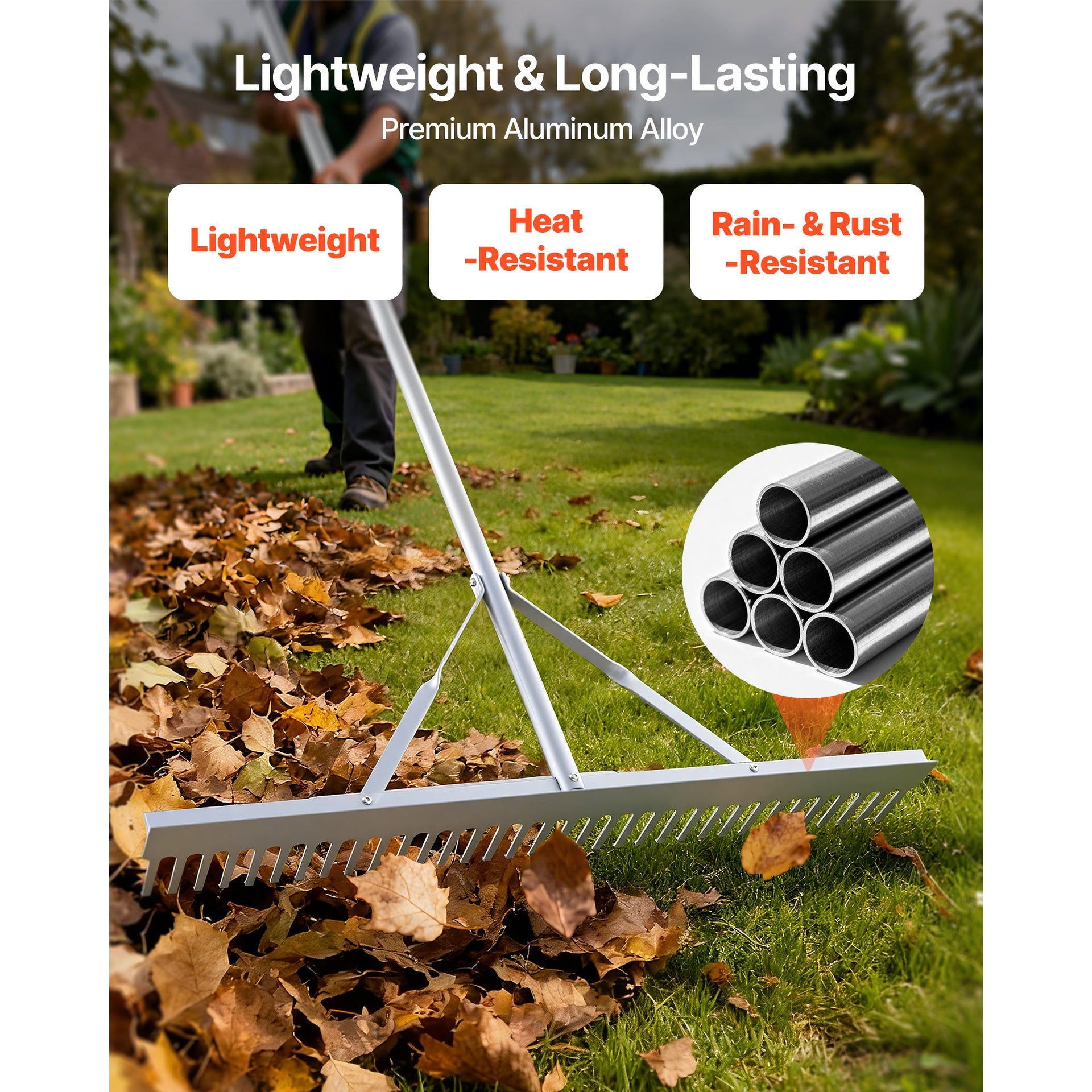 Landscape Rake, 36 inch Wide Head 102 inch Handle, Large Heavy Duty Aluminum Landscaping Leaf Rake Tool, Asphalt Level for Loosening Soil, Garden & Yard, Pond Gravel & Beach Lawn Care, 52ft Rope