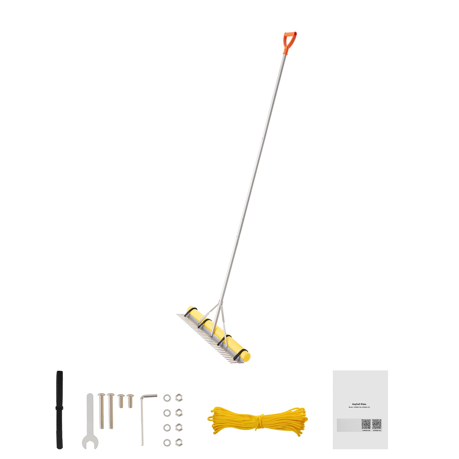 Landscape Rake, 36 inch Wide Head 102 inch Handle, Large Heavy Duty Aluminum Landscaping Leaf Rake Tool, Asphalt Level for Loosening Soil, Garden & Yard, Pond Gravel & Beach Lawn Care, 52ft Rope