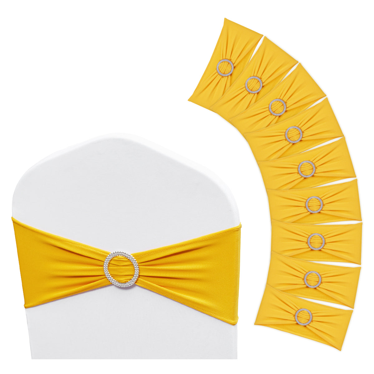 Stretch Spandex Chair Sashes, Chair Slipcover and Stretch Chair Sash with Round Buckle, Elastic Chair Bands, Fitting Wedding, Holiday, Banquet, Party Chair Decoration (50 PCS Golden Yellow)