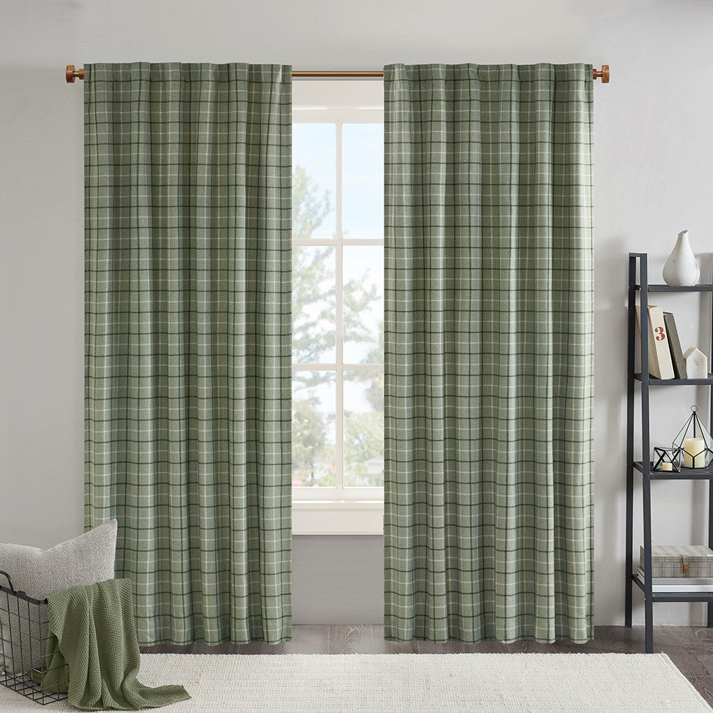 Plaid Rod Pocket and Back Tab Curtain Panel with Fleece Lining Green 50x95"