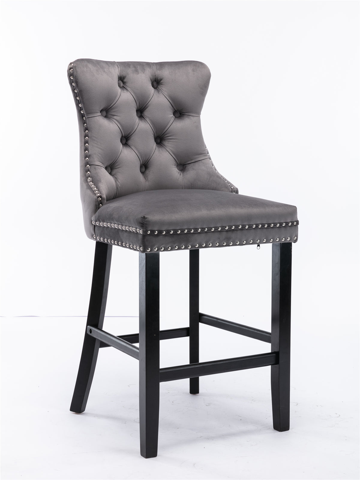 Contemporary Velvet Upholstered Barstools with Button Tufted Decoration and Wooden Legs, and Chrome Nailhead Trim, Leisure Style Bar Chairs,Bar stools, Set of 2 (Gray),SW1902GY