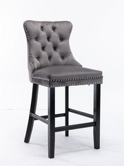 Contemporary Velvet Upholstered Barstools with Button Tufted Decoration and Wooden Legs, and Chrome Nailhead Trim, Leisure Style Bar Chairs,Bar stools, Set of 2 (Gray),SW1902GY