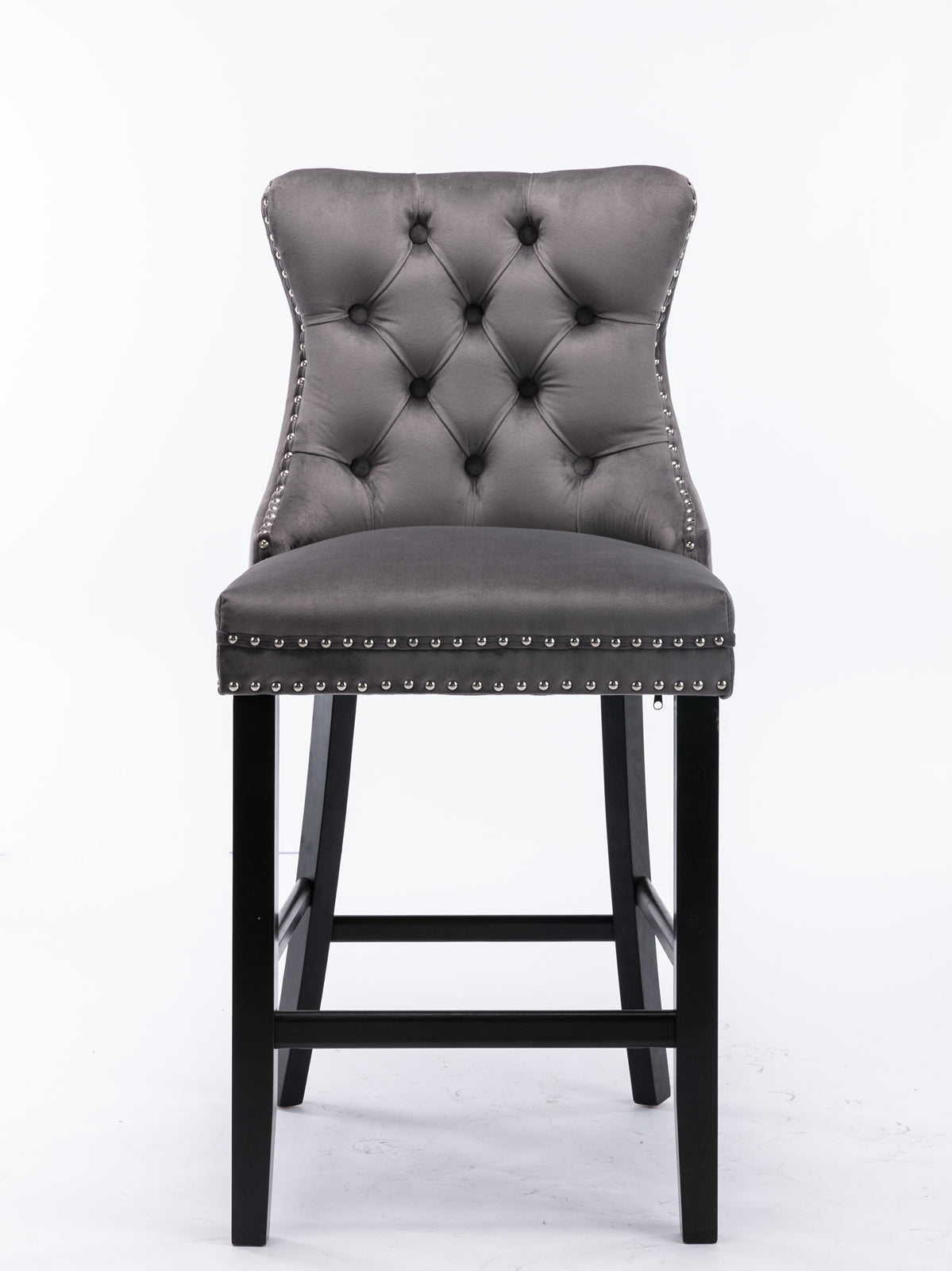Contemporary Velvet Upholstered Barstools with Button Tufted Decoration and Wooden Legs, and Chrome Nailhead Trim, Leisure Style Bar Chairs,Bar stools, Set of 2 (Gray),SW1902GY