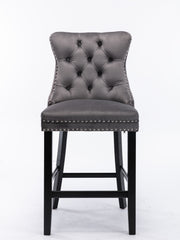 Contemporary Velvet Upholstered Barstools with Button Tufted Decoration and Wooden Legs, and Chrome Nailhead Trim, Leisure Style Bar Chairs,Bar stools, Set of 2 (Gray),SW1902GY