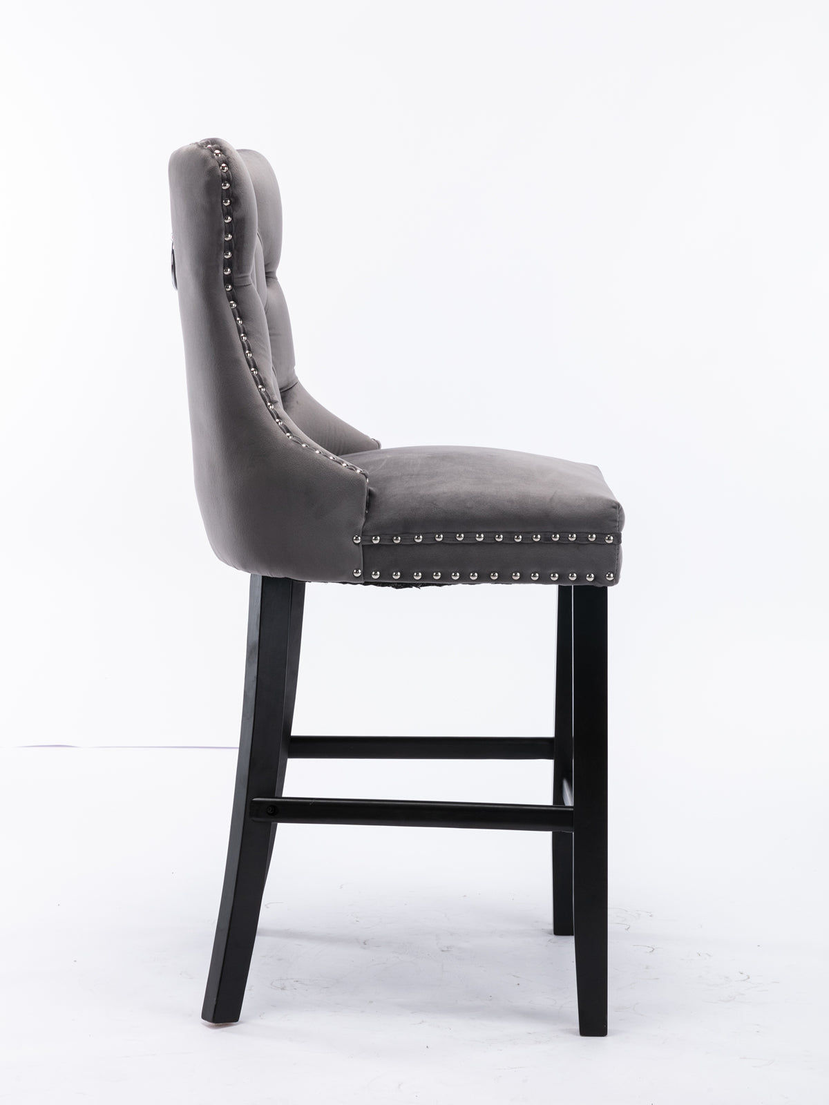 Contemporary Velvet Upholstered Barstools with Button Tufted Decoration and Wooden Legs, and Chrome Nailhead Trim, Leisure Style Bar Chairs,Bar stools, Set of 2 (Gray),SW1902GY