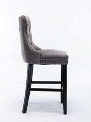 Contemporary Velvet Upholstered Barstools with Button Tufted Decoration and Wooden Legs, and Chrome Nailhead Trim, Leisure Style Bar Chairs,Bar stools, Set of 2 (Gray),SW1902GY