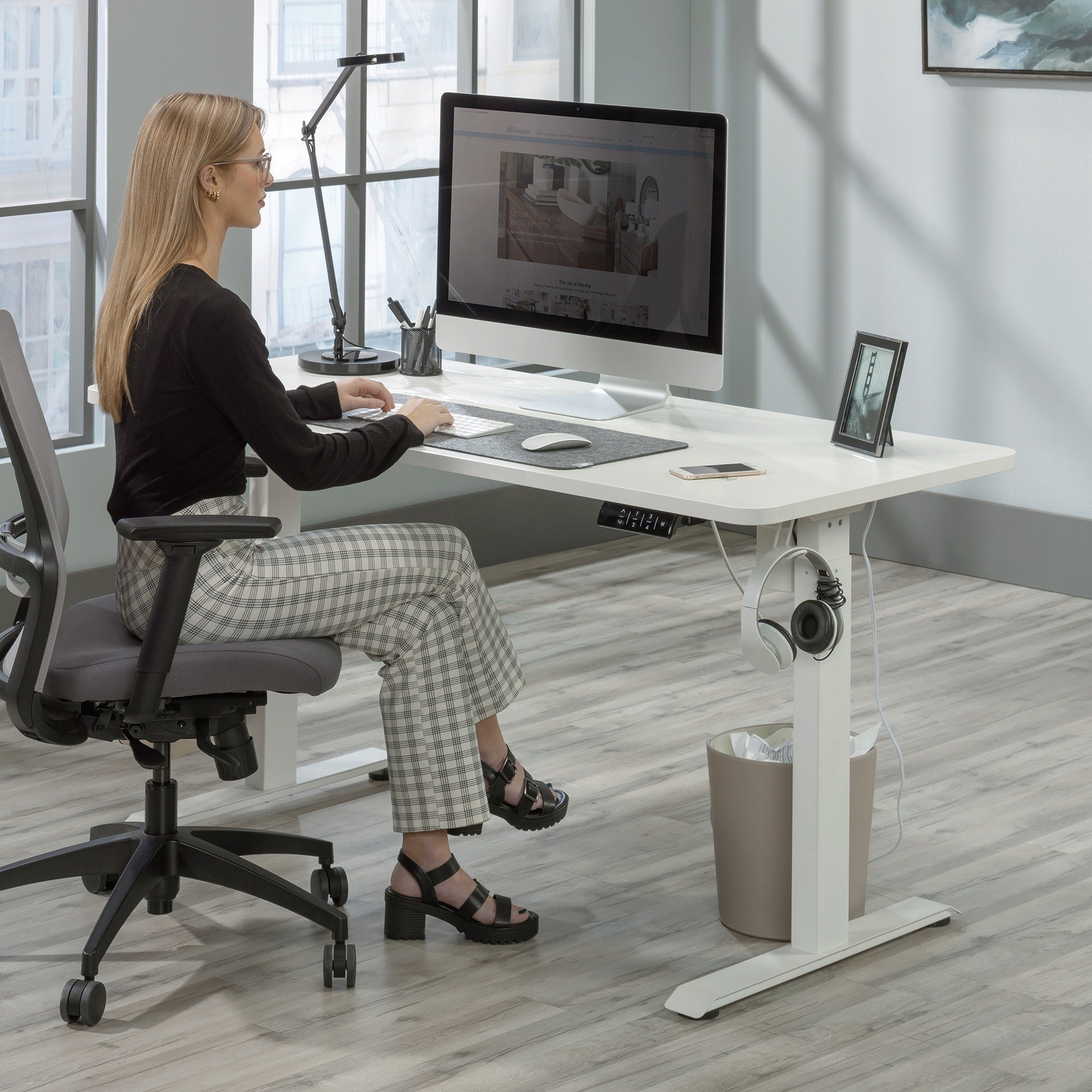 Contemporary Sit/Stand Desk with Four Preset Heights, White finish