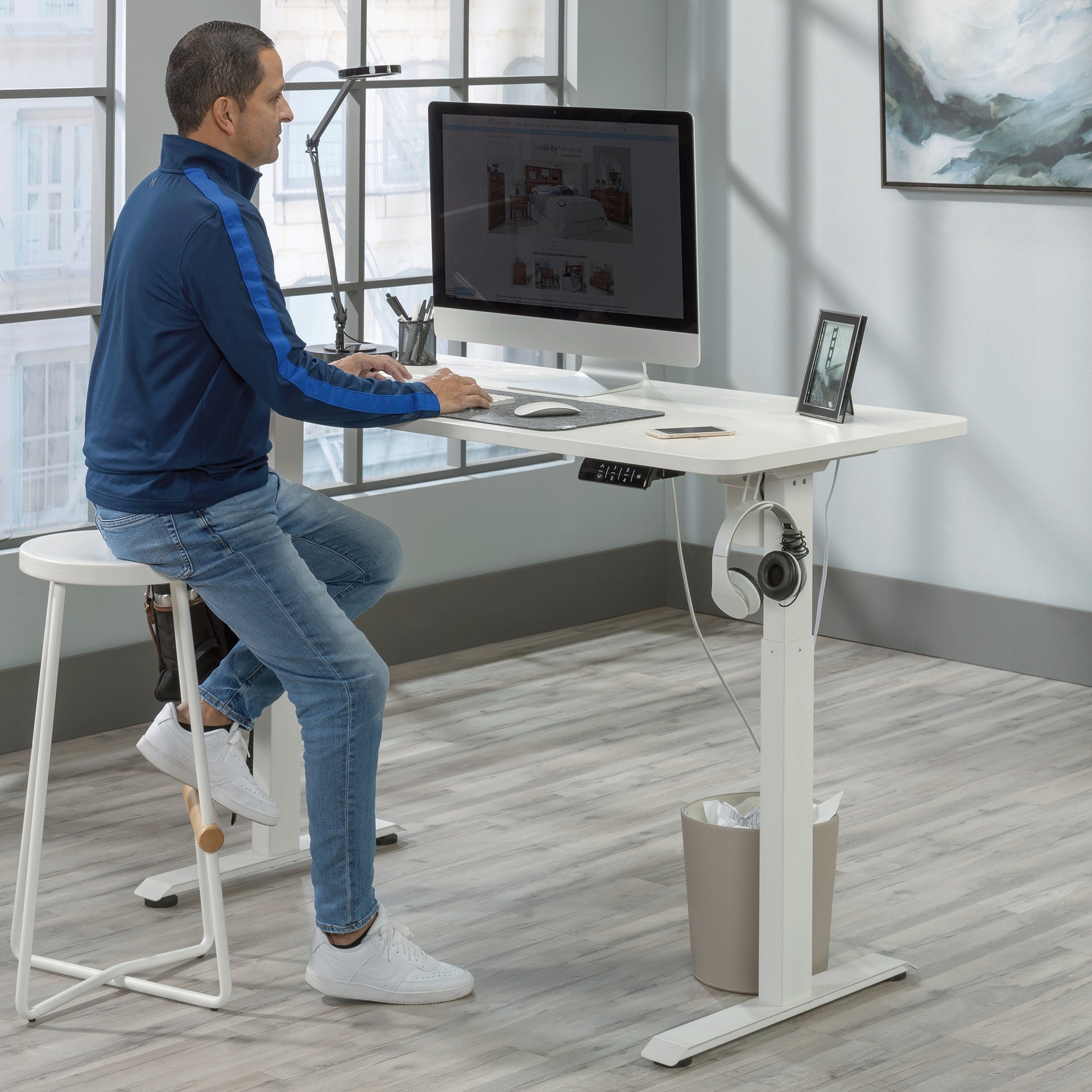 Contemporary Sit/Stand Desk with Four Preset Heights, White finish