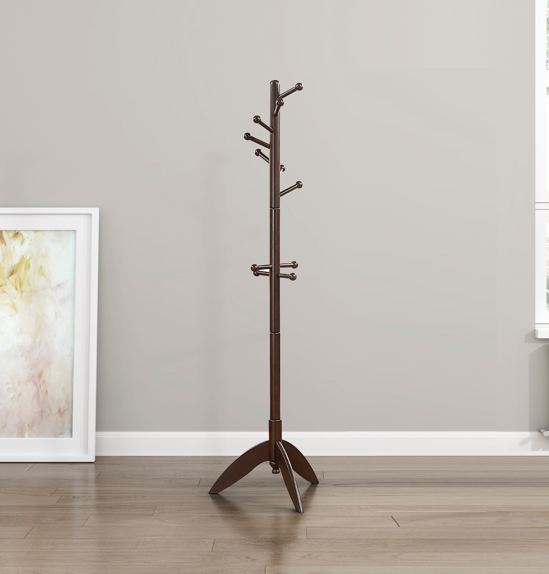 Dark Brown Finish Coat Rack Solid Wood, 11 Hooks Coat Hanger Stand Entryway Home Furniture 1pc