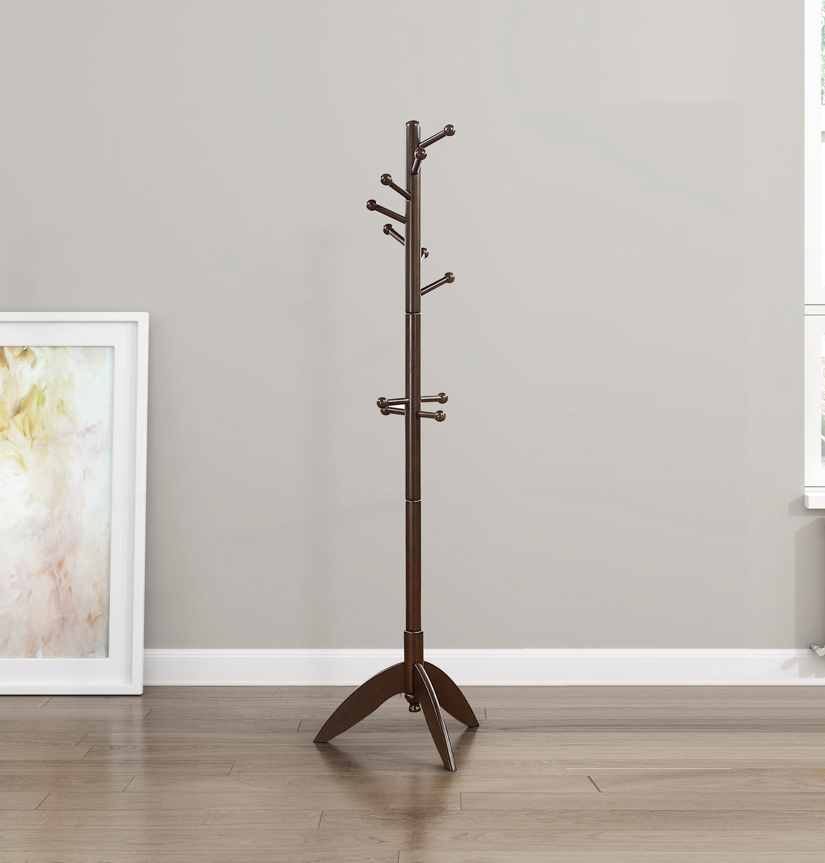 Dark Brown Finish Coat Rack Solid Wood, 11 Hooks Coat Hanger Stand Entryway Home Furniture 1pc