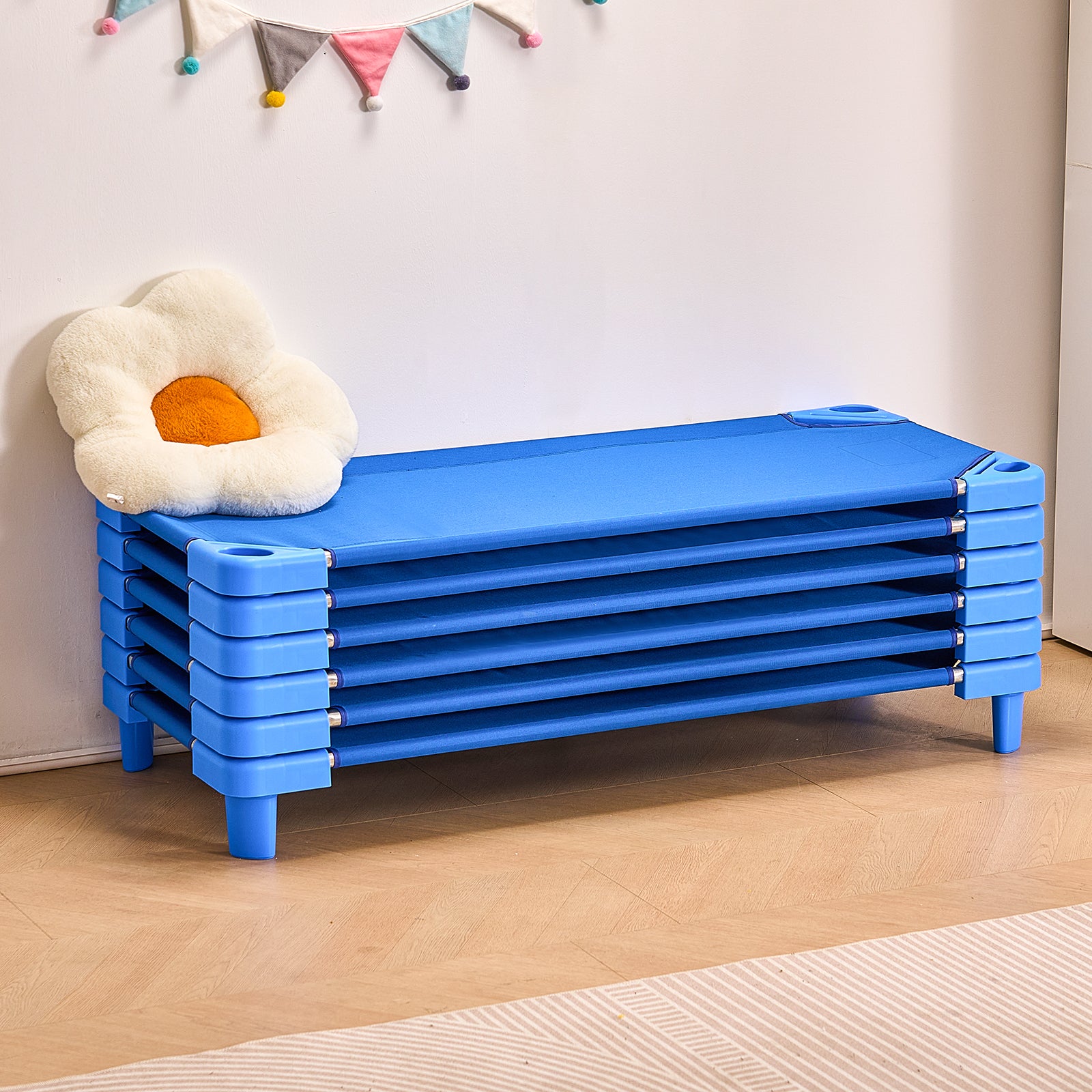 Stackable Kiddie Cot, Pack of 6, Portable Toddler Nap Cots, Standard Size 52" L x 23" W Daycare Cots for Kids, Preschool Classroom Daycare Beds for Sleeping, Resting, Naptime, Blue
