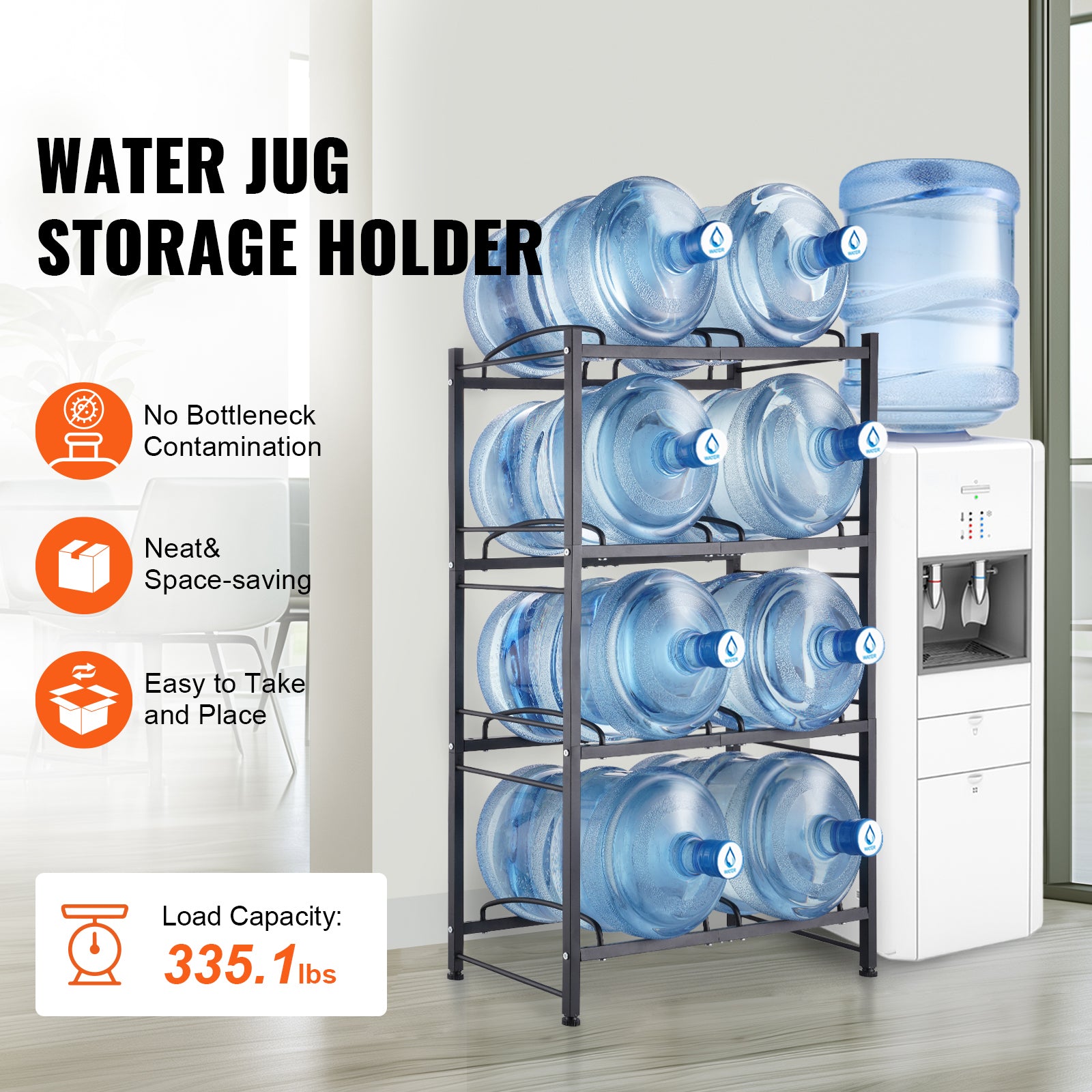 4 Tiers Water Jug Holder Double Row Water Bottle Rack for 8 Bottles Black