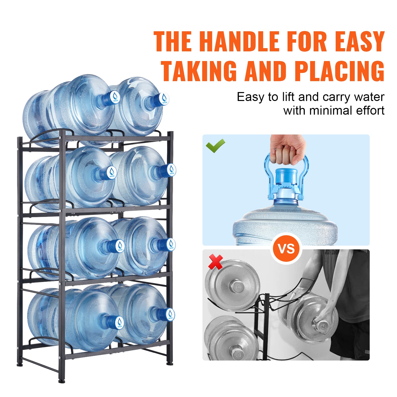 4 Tiers Water Jug Holder Double Row Water Bottle Rack for 8 Bottles Black